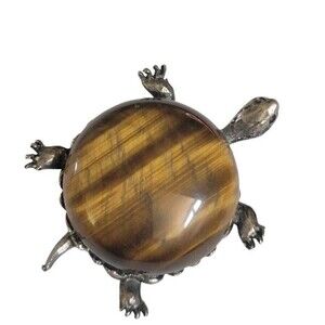 Vintage Shimmering Tigers Eye Stone Turtle Tortoise Brooch Pin